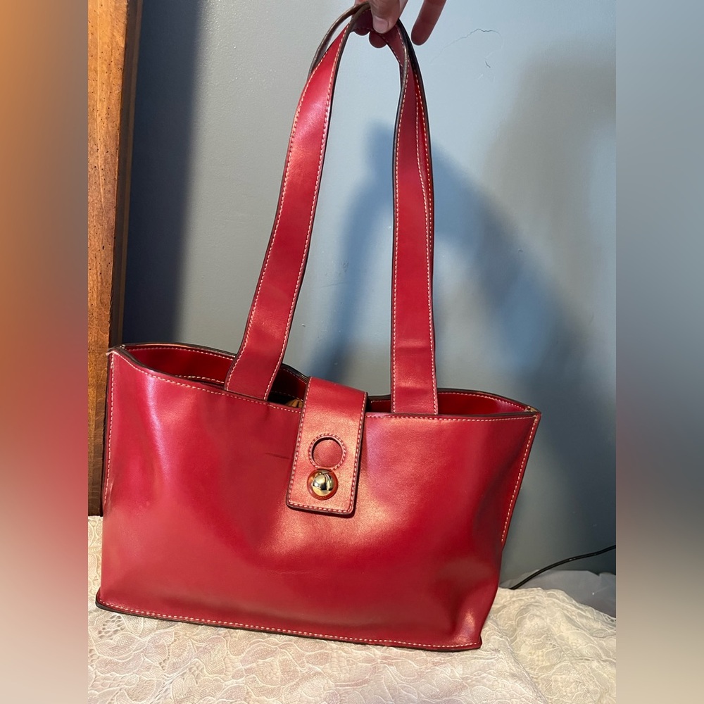 Classic Red Leather Tote Bag with Strap Closure